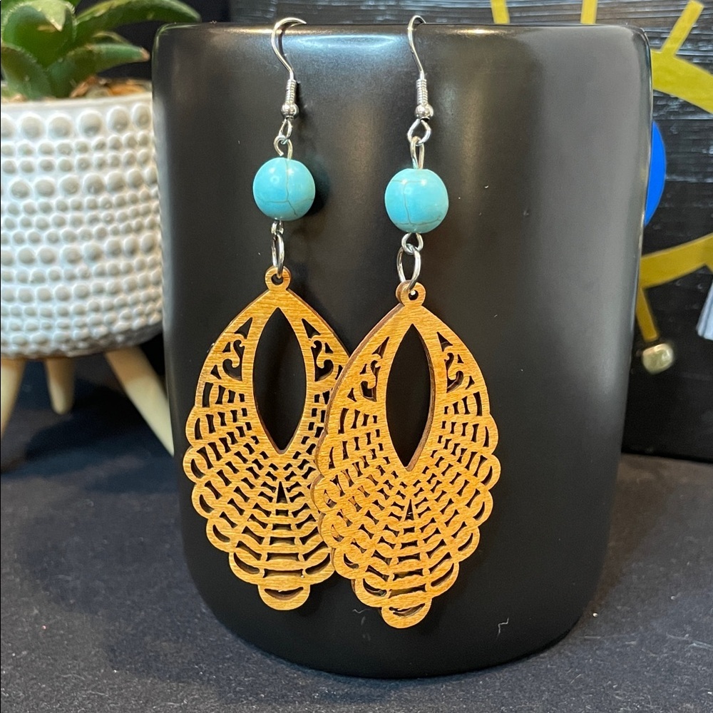 Elegant Natural Filigree Wood with Turquoise Beaded Earrings